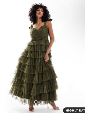 NWT ASOS Curve x Lace and Beads Olive Green Tiered Tulle Maxi Dress